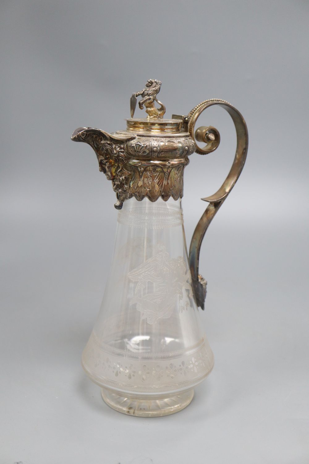 A Victorian silver mounted etched glass classical revival claret jug, by Henry Bourne, Birmingham 1875, 28cm